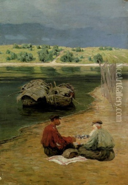 Einfache Mahlzeit Am Seeufer Oil Painting - Evgeniy Ivanovich Stolitsa