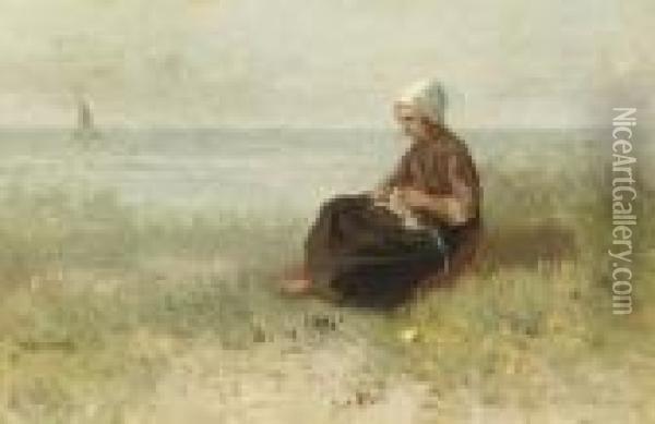 Meisje Op Het Duin: Knitting In The Dunes Oil Painting - Jozef Israels