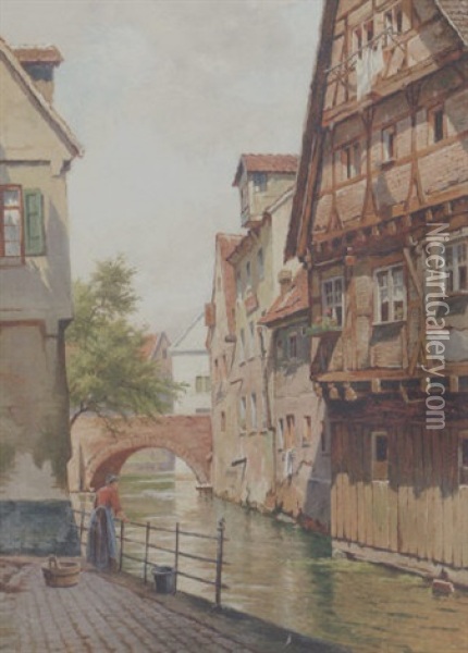 Byprospekt Med Renaessancehuse Ved En Flod, Nurnberg Oil Painting - August Fischer