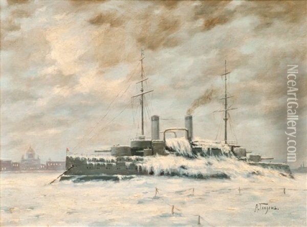 A Ship In Winter Oil Painting - Alexei Vasilievitch Hanzen