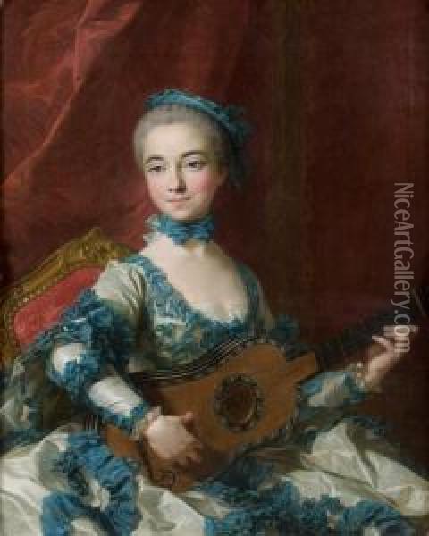 Portrait De Femme Jouant De La Guitare Oil Painting - Louis-Michel Van Loo