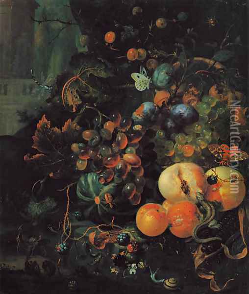 A forest floor still life with peaches, plums, grapes on the vine and other fruits, with a lizard, a snail, butterflies and other insects Oil Painting - Jan Mortel
