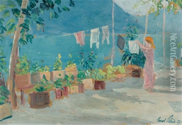Sonnige Terrasse Am Seeufer Oil Painting - Ernst Traugott Schiess