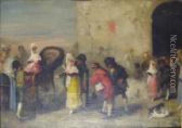 Figures And Carriage At A City Wall Oil Painting - Eugenio Lucas Velasquez