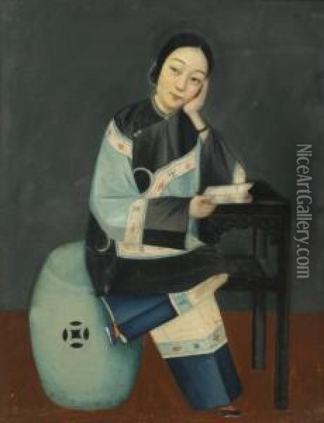 Lady Seated Holding A Scroll Oil Painting - Lam Qua