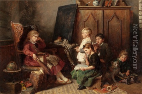 Children Reading Oil Painting - Felix Schlesinger