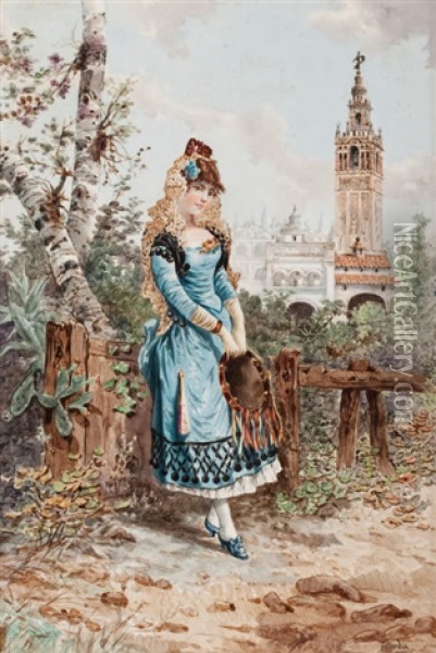 Young Spanish Woman In Cartuja Park, Seville Oil Painting - Ramon Alorda Perez