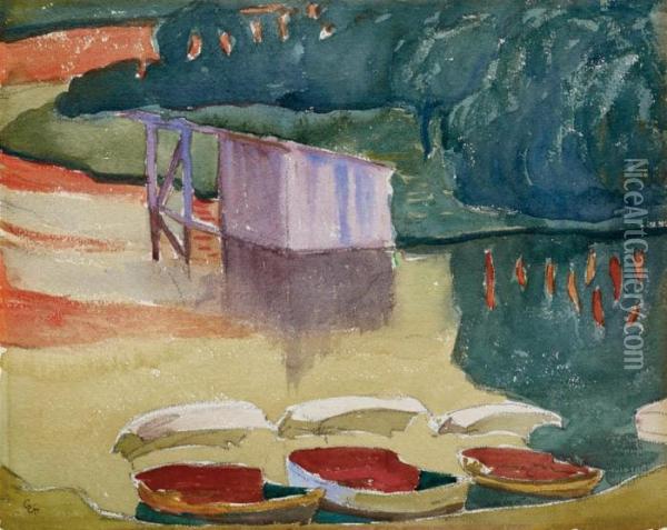 Boote Und Bootshaus Am Silsersee Bei Capolago Oil Painting - Giovanni Giacometti