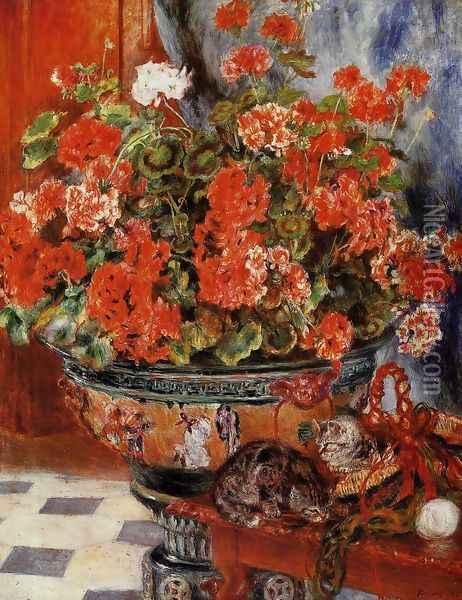 Geraniums And Cats Oil Painting - Pierre Auguste Renoir