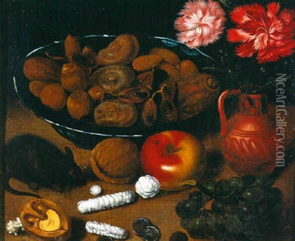 Nature Morte Avec Mulot, Coupe De Fruits Secs, Fruits Et Vase D'oeillets Oil Painting - Georg Flegel
