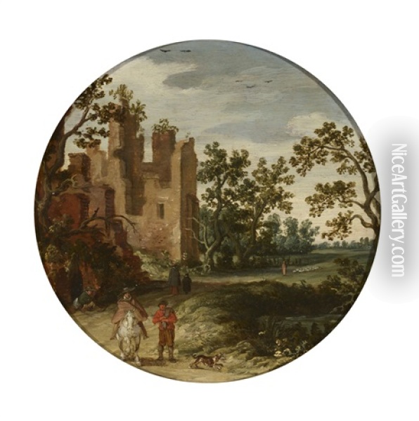 Cavalier Et Promeneurs Devant Des Ruines Oil Painting - Esaias van de Velde the Elder