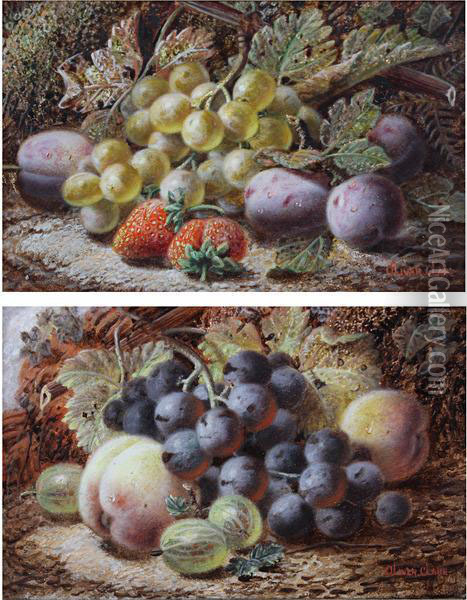 Green Grapes, Plums And Strawberries Oil Painting - Oliver Clare