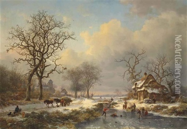 Winter Landscape With Children Playing On The Ice Oil Painting - Frederik Marinus Kruseman