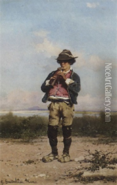 A Shepherd Boy Playing The Flute Oil Painting - Guerrino Guardabassi