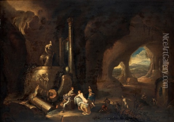 Grottlandskap Med Antika Statyer Och Nakna Nymfer Oil Painting - Abraham van Cuylenborch