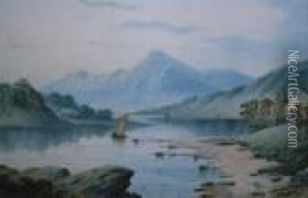 Mountainous Lake Landlandscapes Oil Painting - William Langley