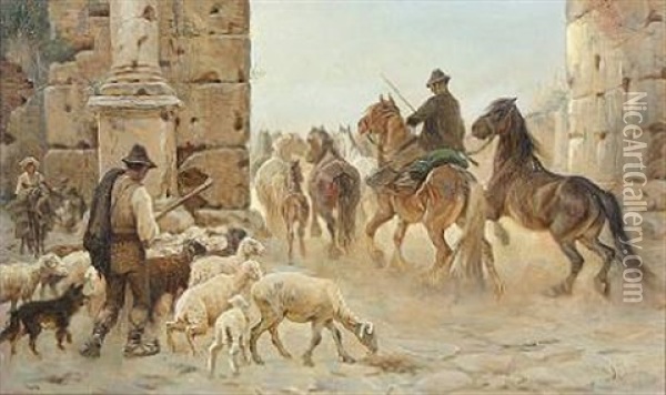 A Campagnol With His Flock Of Horses And A Shepherd With His Flock Of Sheep On Their Way Out Of A Roman City Gate Oil Painting - Valdemar Henrik Nicolaj Irminger