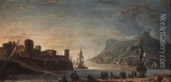 A Mediterranean Port With Fisherfolk And Travellers On A Quay Oil Painting - Francesco Simonini