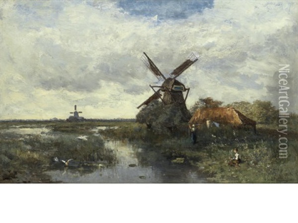 Landscape With Windmills Oil Painting - Paul Joseph Constantin Gabriel