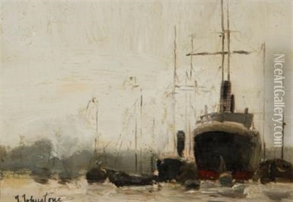 Ships In The Harbour Oil Painting - John Young Johnstone