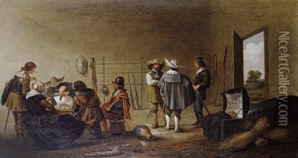 Figures Merrymaking In A Guardroom Interior Oil Painting - Pieter Jacobs Codde