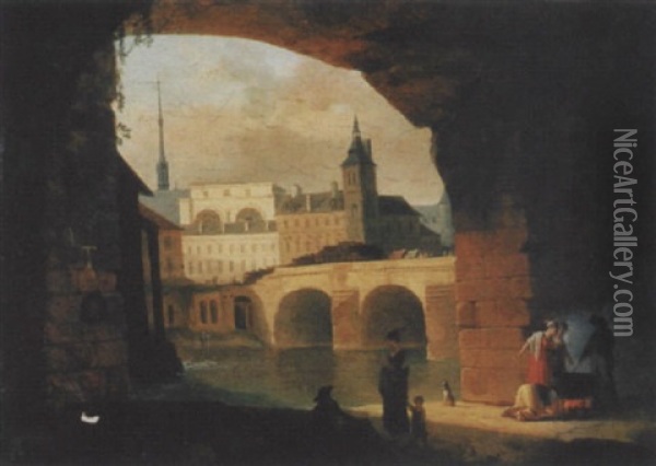 Blick Auf Eine Stadt Am Fluss Mit Figurenstaffage Oil Painting - Jean-Baptiste Cazin