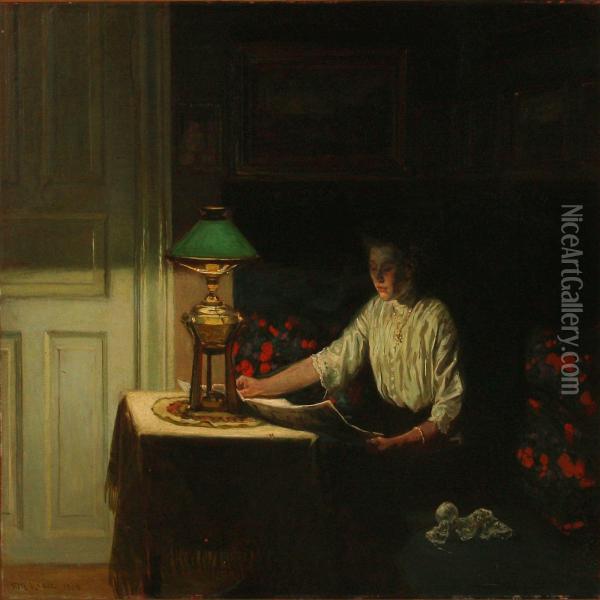 Interior With A Reading Woman Oil Painting - Fritz Kraul