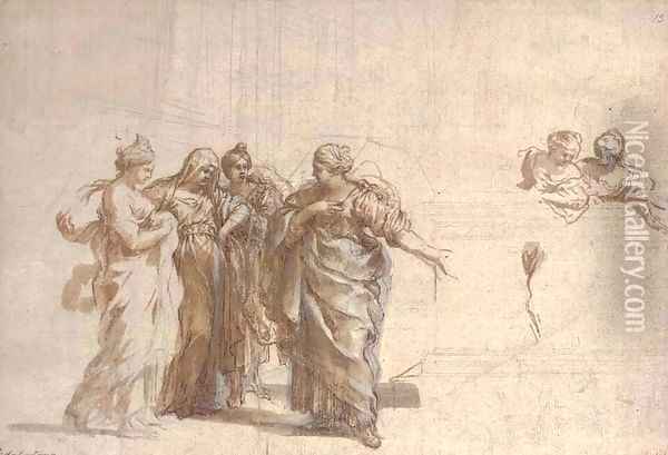 Six female figures for an allegory in honour of the Collegium Romanum and the House of Borghese Oil Painting - Pietro Da Cortona (Barrettini)