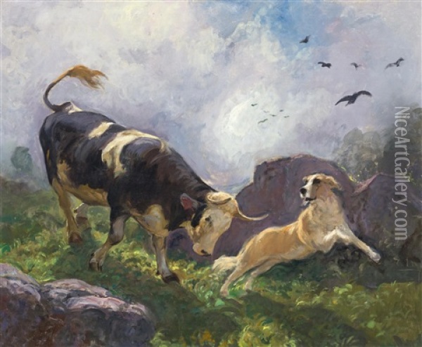A Cow And Dog In The Mountains Oil Painting - Johann Rudolf Koller