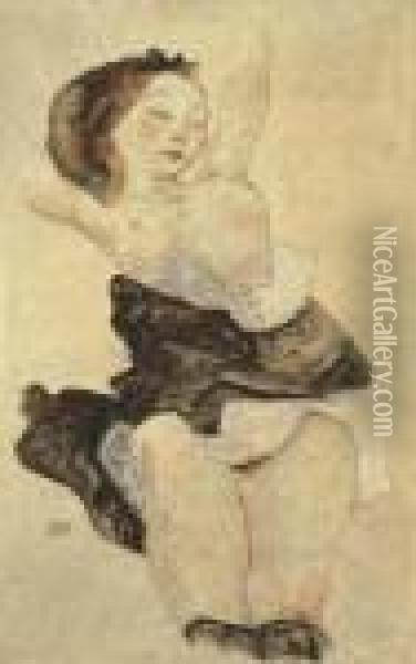 Liegendes Junges Madchen, Halbakt Oil Painting - Egon Schiele