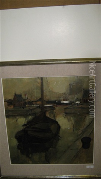 Platbodem Aan De Haven Oil Painting - Oscar Verpoorten