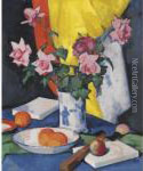 Red And Pink Roses, Oranges And Fan Oil Painting - Samuel John Peploe