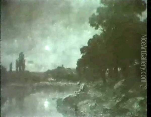 Helle Mondnacht An Einem Flussufer. Oil Painting - Gilbert Von Canal