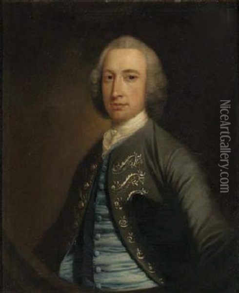 Portrait Of Edward Wilson, Of Dallam Tower, In A Grey Coat And A Blue Waistcoat Oil Painting - Thomas Hudson