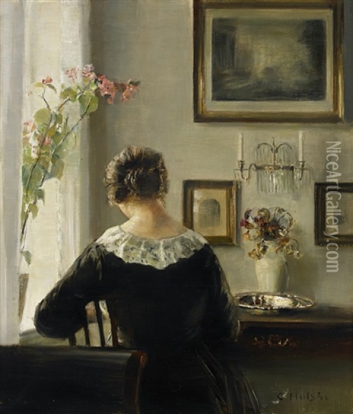 Woman Reading By The Window Oil Painting - Carl Vilhelm Holsoe