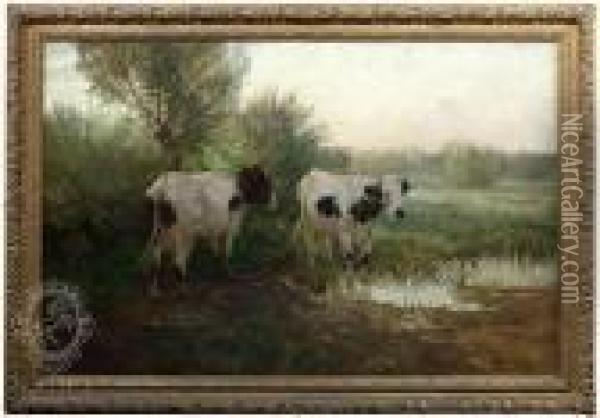 Cattle On Asummery Pasture At Waters Oil Painting - Hermann Baisch