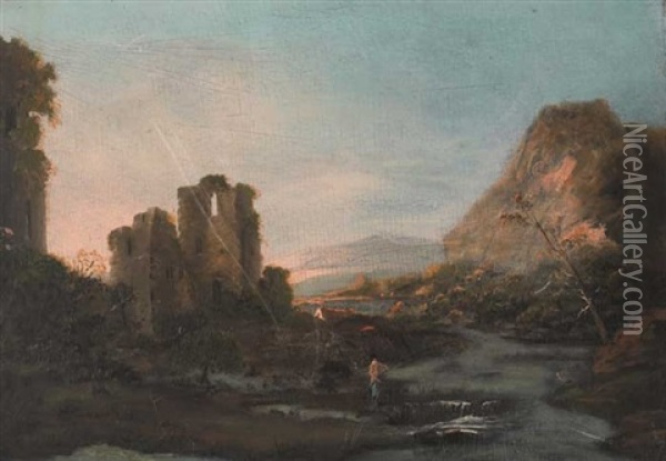 County Wicklow River Scene With Fisherman, Castle And Extensive Landscape Oil Painting - William Sadler the Younger