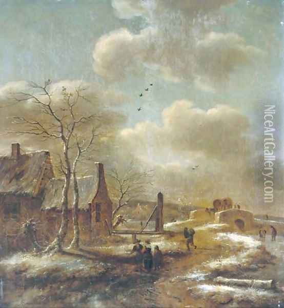 A winter landscape with travellers before a farm, a stone bridge beyond Oil Painting - Claes Molenaar (see Molenaer)