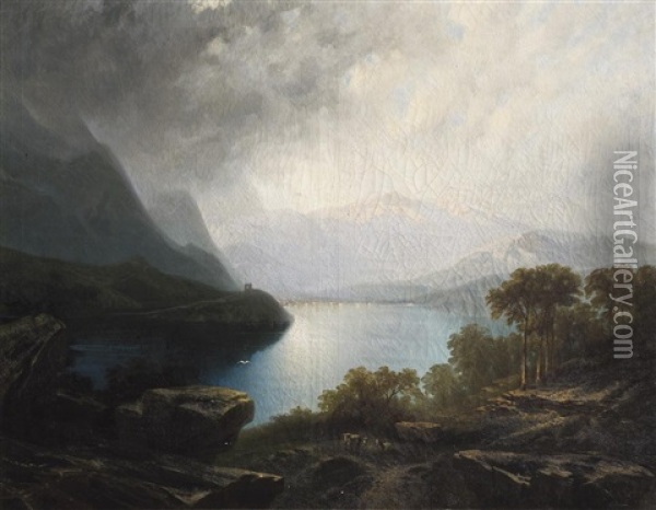 Gewitterstimmung Am Comer See Oil Painting - Johann Andreas Herrenburg