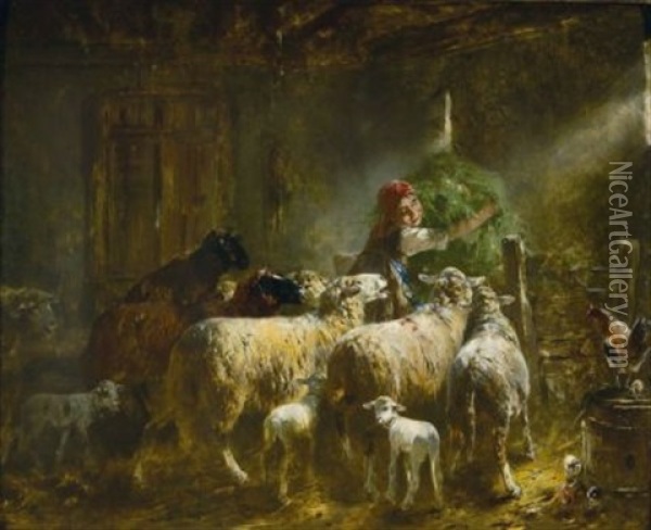 Futterndes Madchen Im Schafstall Oil Painting - Otto Friedrich Gebler