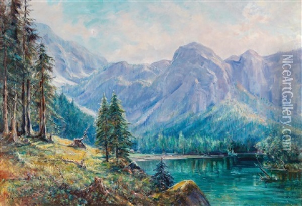 Hallstattersee With View Of The Dachstein Oil Painting - Carl Kaiser-Herbst