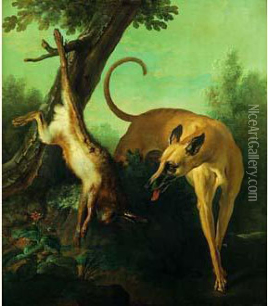 Un Levrier Surveillant Un Trophee De Chasse Au Lievre Oil Painting - Jean-Baptiste Oudry