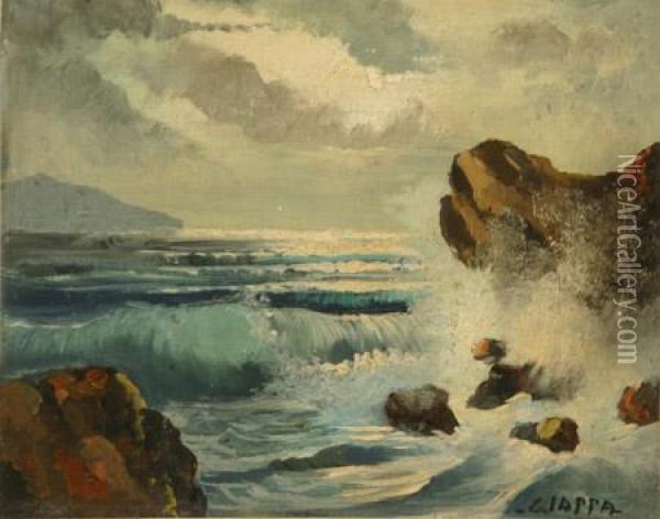Rocky Coastal Scene With Crashing Waves Oil Painting - Federico Ciappa