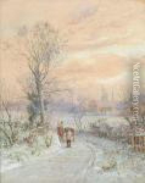 Horses In A Snow Covered Landscape Oil Painting - James Georges Bingley