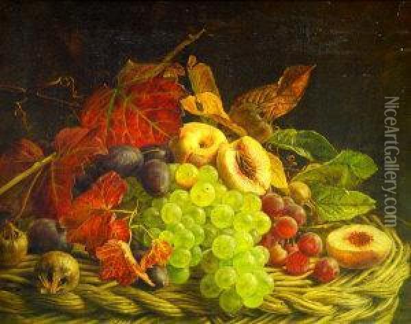 1925- Basket Of Grapes, Peaches And Plums Oil Painting - Adelheid Dietrich