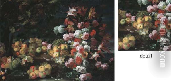 Fruits Et Fleurs Sur Un Entablement Oil Painting - Aniello Ascione