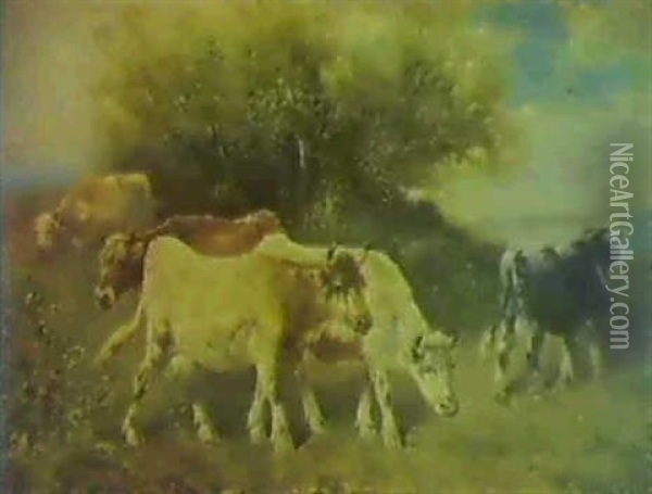 Cattle In A River Landscape Oil Painting - Henry Schouten