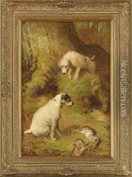 Woodland Interior With Terriers Hunting Hare Oil Painting - John Fitz Marshall