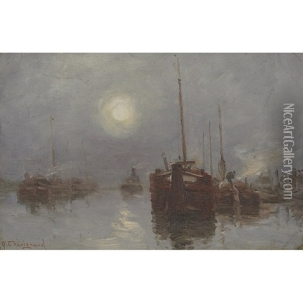 Harbour In Moonlight Oil Painting - Georges Chavignaud