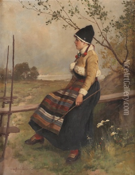 Kvinne I Folkedrakt Oil Painting - Axel Hjalmar Lindqvist